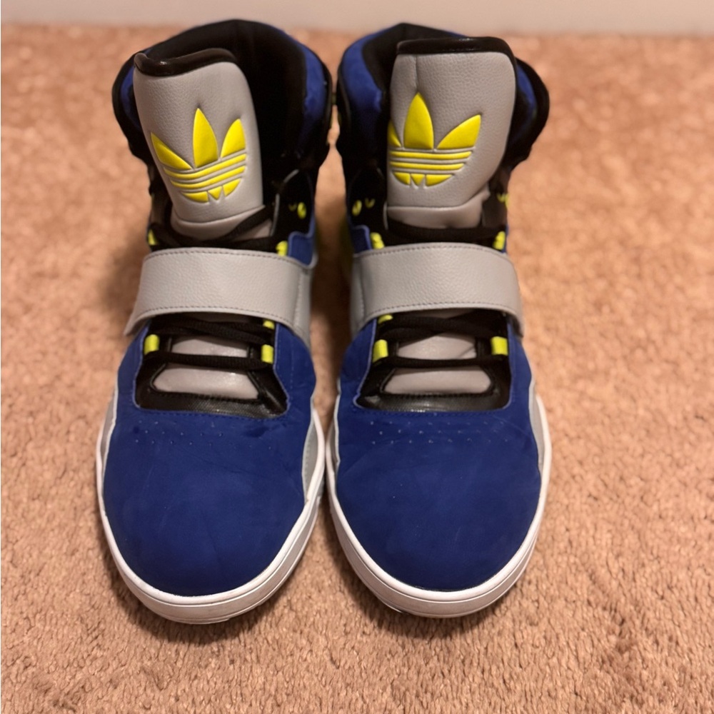 Adidas High-Top Sneakers in Blue and Gray with Yellow Accents